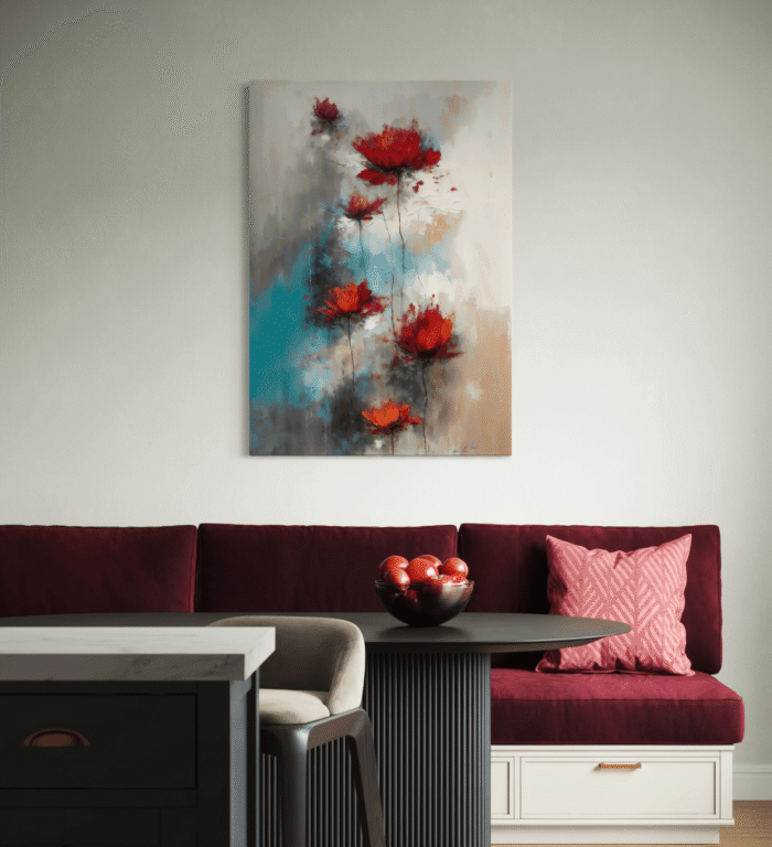 Bildevisualisering av Abstrakt maleri av røde blomster mot en turkis og nøytral bakgrunn