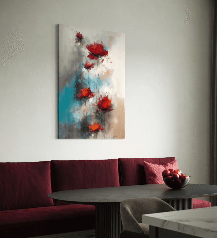 Veggbilde – Abstrakt blomster maleri i rødt og oransje