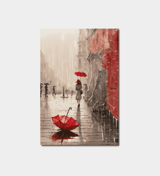 Veggbilde av rød paraply i regnet – Trykket på høykvalitetslerret
