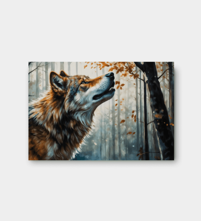Veggbilde av en ulv i skogen – Trykket på høykvalitetslerret