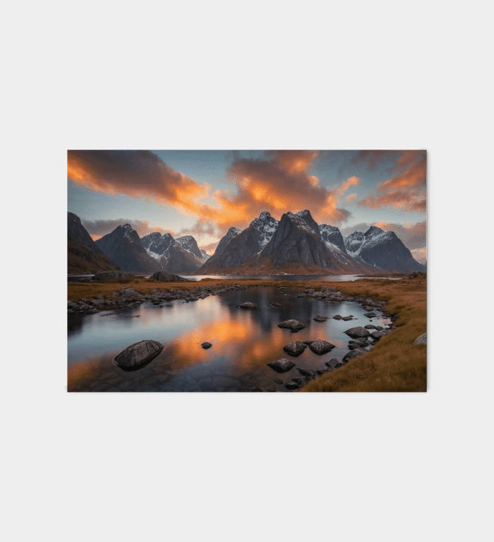 Magiske Lofoten – spektakulære bilder av norsk natur Natur lofoten bilder som viser morgengry over Lofotens fjell, ideelt for å skape en rolig atmosfære i ditt hjem.