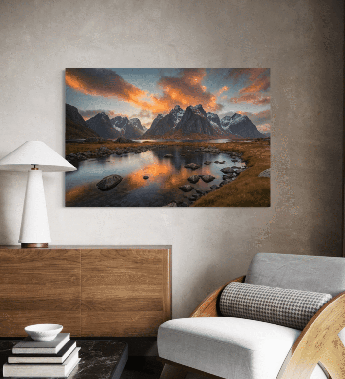 Natur lofoten bilder som viser morgengry over Lofotens fjell, ideelt for å skape en rolig atmosfære i ditt hjem.