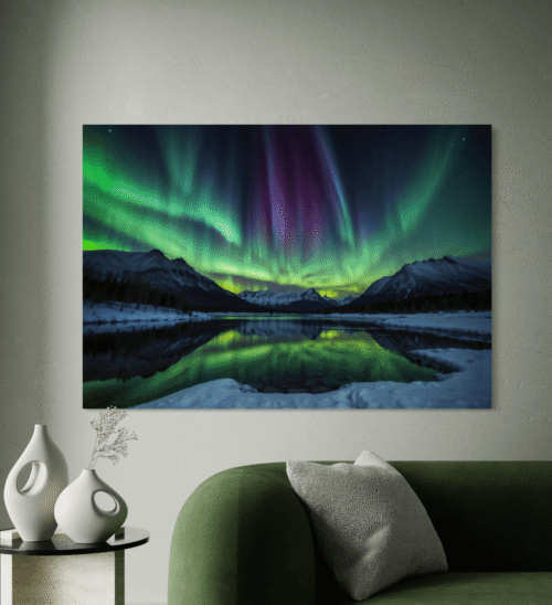 Naturinspirert kunst med nordlys på lerret Leretsbilde av Nordlys – unik veggdekorasjon