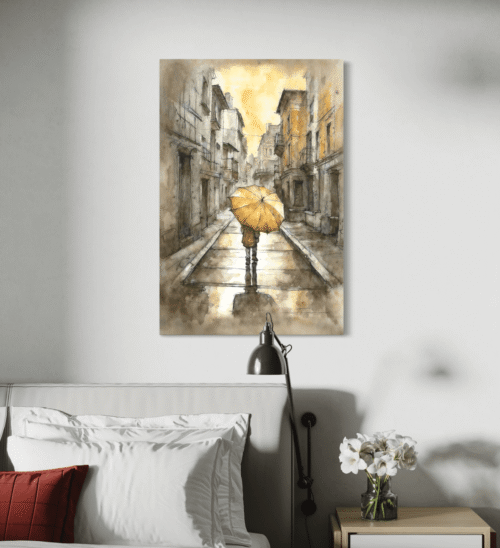 Stilig kunstbilde med gul paraply i stue