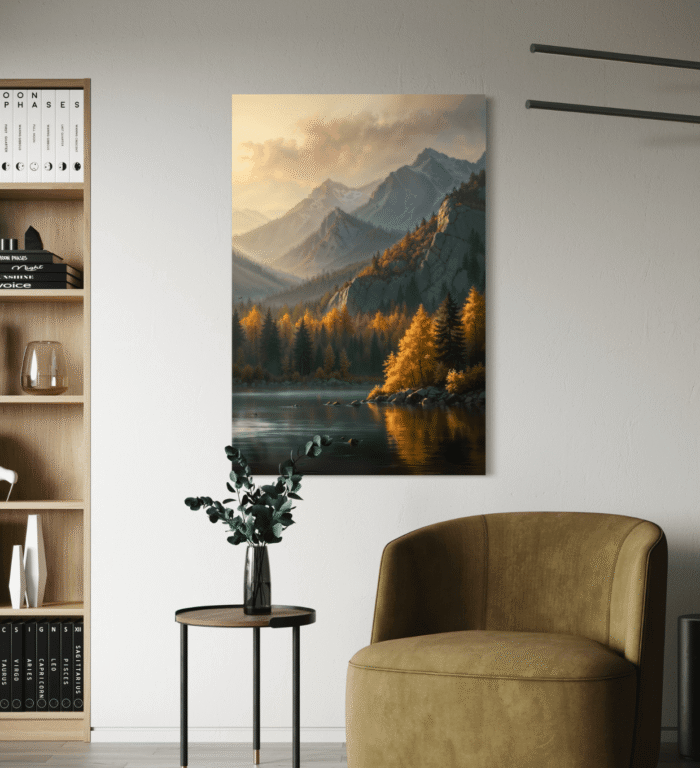 Dekorativt bilde av fjell og skog i høststemning