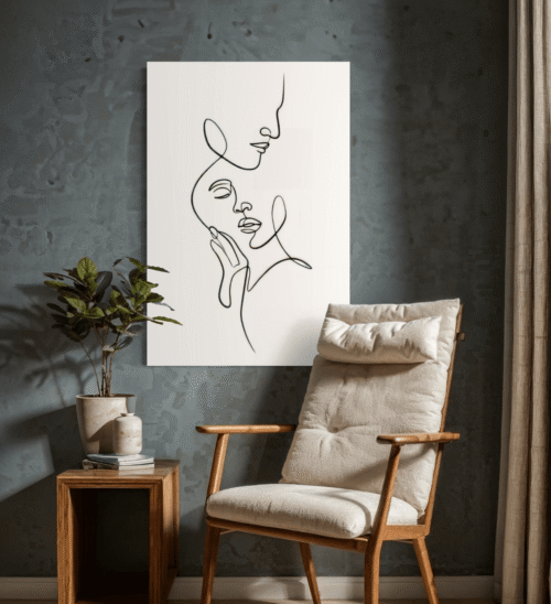 Lerretskunst med minimalistisk ansiktslinjeart i svart-hvitt, moderne og stilrent design for interiør.