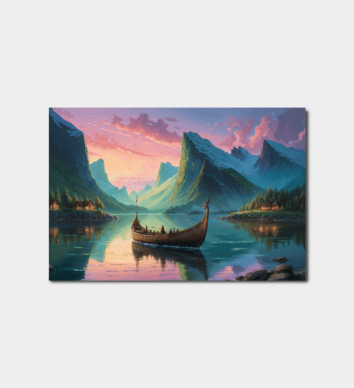 Vikingbåt ved Solnedgang Viking skip på en speilblank fjord, dramatisk fjordlandskap med solnedgang