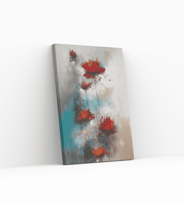 Et blomster maleri som viser en serie livlige røde blomster satt mot en abstrakt, dempet bakgrunn med nyanser av grått, beige og lyseblått. Blomstene er i full blomst og ser ut til å være delikat flytende. Veggbildene står lent mot en hvit vegg.