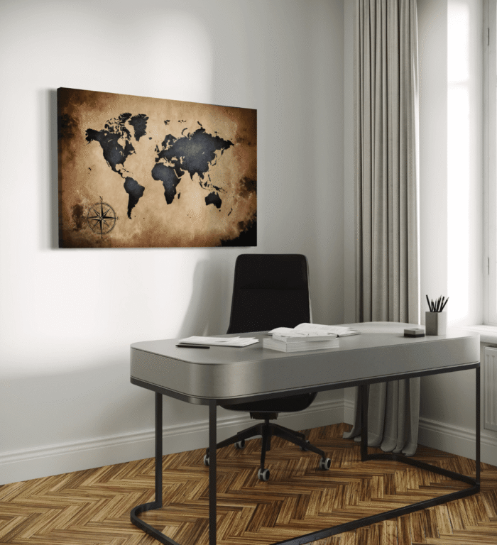 Stilrent hjemmekontor med vegghengt verdenskart i vintage stil over skrivepulten