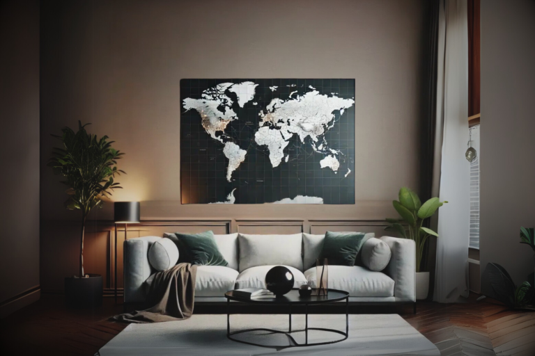 Stort verdenskart på lerret som veggdekor over sofaen, som gir en global og stilig atmosfære i stuen.