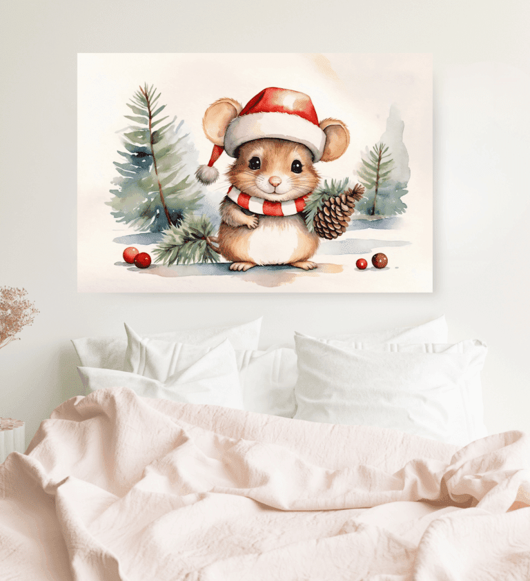 Julemus bildevisualisering Bildevisualisering av Julemus med nisselue og kongle omgitt av juletrær.