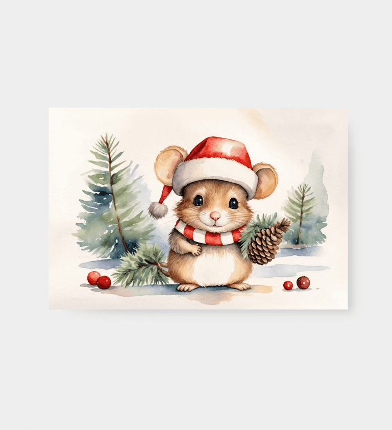 Julemus Julemus med nisselue og kongle omgitt av juletrær.