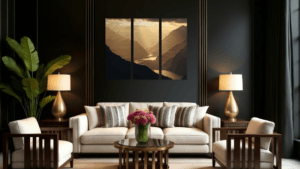 Bilder over sofa med et imponerende fjordlandskap i solnedgang, delt i tre paneler, perfekt for en elegant og moderne stue