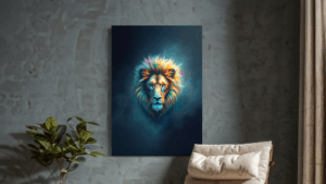 Kule bilder av en løve med en kunstnerisk, fargerik manke på mørk bakgrunn