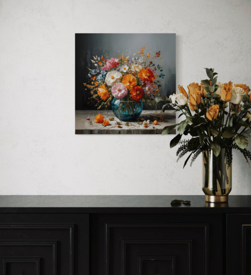 fargerik blomsterbukett i blå vase på lerret
