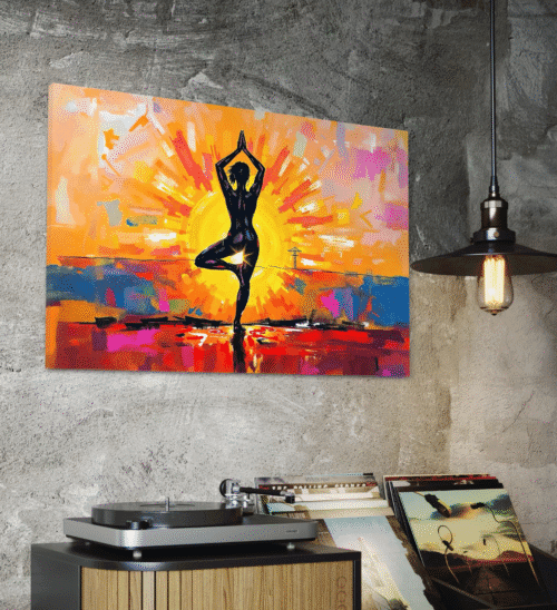 fargerik yoga solnedgang på høykvalitets lerret