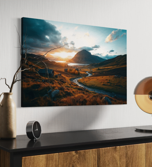 lerretsbilde rofullt solnedgangslandskap"